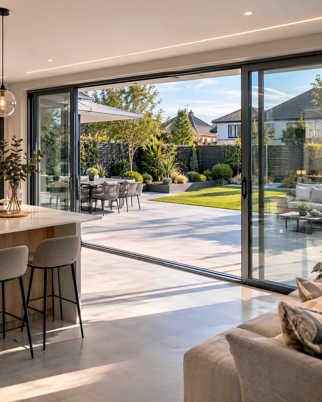 AP400 aluminium lift and slide doors opening onto a garden in a modern Irish home