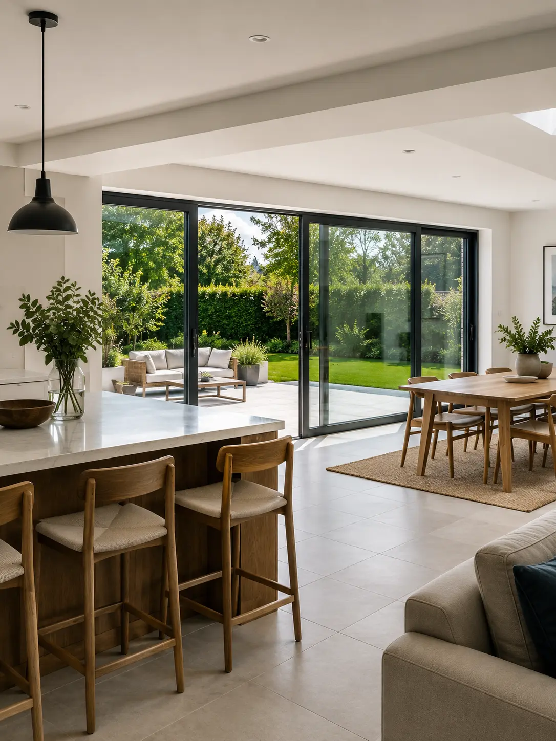 Open plan living space with AP400 lift and slide doors connecting to garden